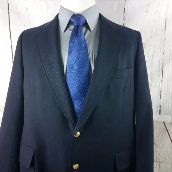 Vtg Nieman Marcus 43R 2 Gold Button Navy Blue Suit Blazer Sport Coat